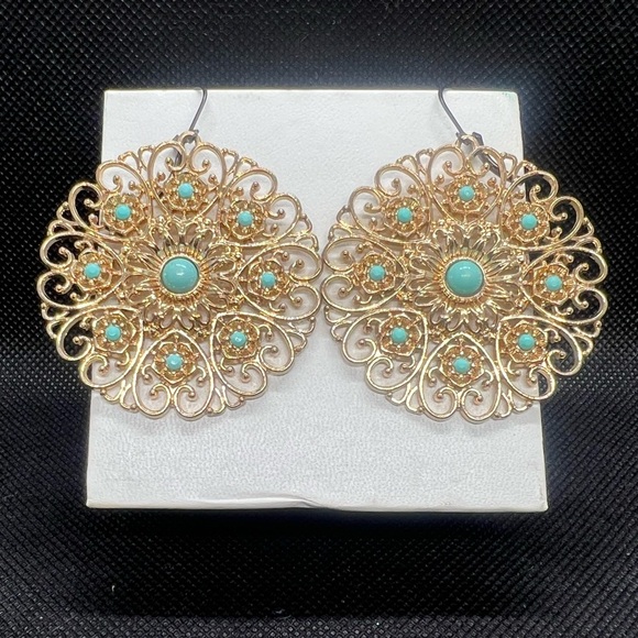 Charming Charlie teal and gold toned round mandala statement earrings - Picture 2 of 6